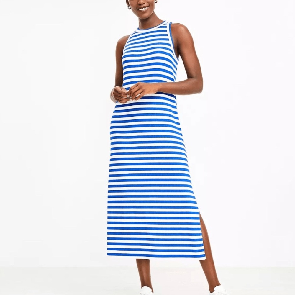 LOFT Blue White Stripe Ribbed Midi Dress Size XL Nautical Seaside Beachy Coastal